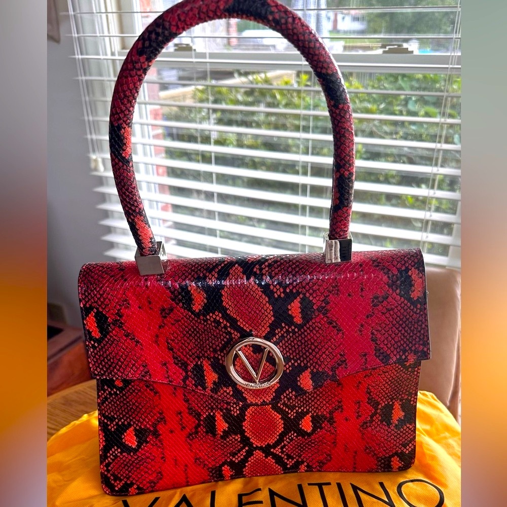 Valentino Melanie Python Coral Red and Black Snake Print Satchel 12x9x2 NWT